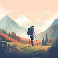 Illustration auf das Thema von klettern, Wandern, wandern, und gehen. Sport, draussen Erholung, Abenteuer im Natur, Urlaub. Fernweh. Herunterschalten. modern eben Design. generativ ai foto