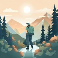 Illustration auf das Thema von klettern, Wandern, wandern, und gehen. Sport, draussen Erholung, Abenteuer im Natur, Urlaub. Fernweh. Herunterschalten. modern eben Design. generativ ai foto