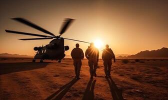 Militär- Hubschrauber mit Silhouette Soldaten. bewaffnet Konflikt zwischen Israel und Palästina, Militär- Aktion. ein Soldat im tarnen Kleidung Spaziergänge gegenüber ein Militär- Hubschrauber. generativ ai. foto