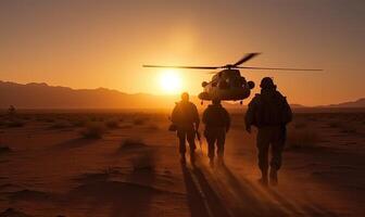 Militär- Hubschrauber mit Silhouette Soldaten. bewaffnet Konflikt zwischen Israel und Palästina, Militär- Aktion. ein Soldat im tarnen Kleidung Spaziergänge gegenüber ein Militär- Hubschrauber. generativ ai. foto