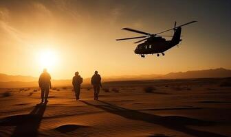 Militär- Hubschrauber mit Silhouette Soldaten. bewaffnet Konflikt zwischen Israel und Palästina, Militär- Aktion. ein Soldat im tarnen Kleidung Spaziergänge gegenüber ein Militär- Hubschrauber. generativ ai. foto