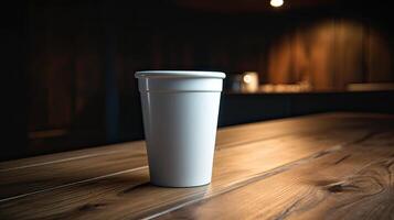 Papier Tasse von Kaffee auf hölzern Mauer Hintergrund. generativ ai foto