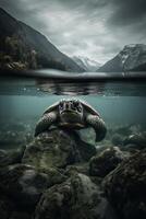 tropisch Paradies Vorlage mit Sonnenlicht. Ozean Surfen Welle brechen und Schildkröten Tauchen unter Wasser. generativ ai. foto