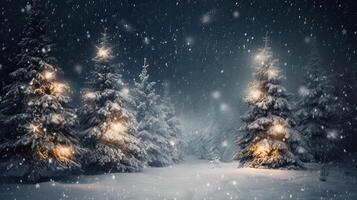 Weihnachten Baum und Weihnachten Beleuchtung auf abstrakt schneebedeckt Landschaft Hintergrund, Weihnachten Hintergrund Konzept mit Werbung Raum. generativ ai. foto