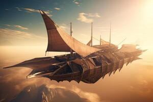 3d Illustration futuristisch von ein Pirat Schiff Segeln auf das Himmel. generativ ai. foto
