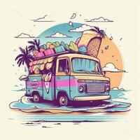 Jahrgang, retro Surfen van mit Palmen, Sonne und ein Möwe. handgemalt T-Shirt Grafik, drucken. Vektor Illustration. generativ ai. foto