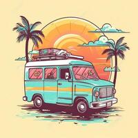 Jahrgang, retro Surfen van mit Palmen, Sonne und ein Möwe. handgemalt T-Shirt Grafik, drucken. Vektor Illustration. generativ ai. foto