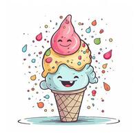 schmelzen Eis Sahne Bälle im das Waffel Kegel. Vektor eben Gliederung Symbol. Comic Charakter im Karikatur Stil Illustration zum t Hemd Design. generativ ai. foto