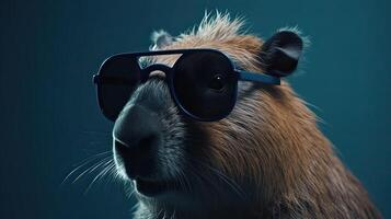 Single Capybara mit Sonnenbrille auf Blau Hintergrund das Kopf suchen stilvoll und Cool. generativ ai. foto