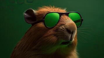 Single Capybara mit Sonnenbrille auf hell Grün Hintergrund das Kopf suchen stilvoll und Cool. generativ ai. foto