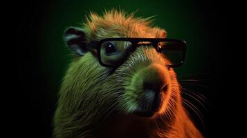 Single Capybara mit Sonnenbrille auf schwarz Hintergrund das Kopf suchen stilvoll und Cool. generativ ai. foto