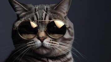 komisch Studio Schuss von cool Katze tragen Sonnenbrille auf grau Hintergrund mit Kopieren Raum. generativ ai. foto