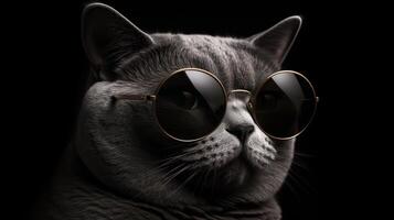 komisch Studio Schuss von cool Katze tragen Sonnenbrille auf grau Hintergrund mit Kopieren Raum. generativ ai. foto