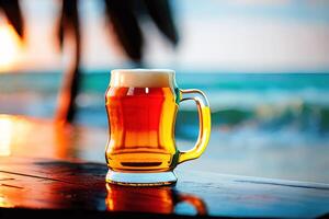 Nahansicht Bier Becher mit tropisch Sommer- verwischen Strand Hintergrund, generativ ai foto