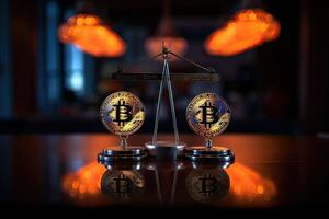 Gold Münze Bitcoin auf ein schwarz Hintergrund. das Konzept von Krypto Währung. Blockchain Technologie. gemischt Medien. generativ ai. foto