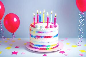 Geburtstag Kuchen mit Kerzen und Luftballons, generativ ai foto