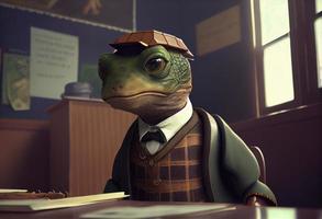 Porträt von ein anthropomorph Schildkröte gekleidet wie ein Schüler im ein Klassenzimmer. generieren ai. foto