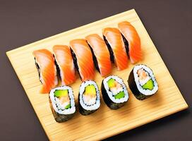 Lachs Sashimi Sushi einstellen auf hölzern Platte, generativ ai foto