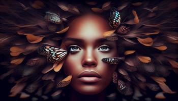 Frau Gesicht kleben aus im das Mitte von ein voll Gruppe von Schmetterlinge. generieren ai. foto