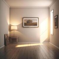 ein leeren Zimmer mit etwas Foto Frames und Lampe generativ ai