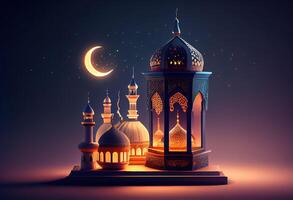 generativ ai Illustration von islamisch Urlaub. Ramadan Nacht. Moschee und Laterne angezeigt auf Stufen mit glühend Licht im das Abend. Hintergrund und Banner Hintergrund. foto