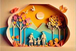 generativ ai Illustration von Origami Frühling Hintergrund, froh Alten, glücklich Familie mit Elternteil, bunt. Papier Schnitt Handwerk, 3d Papier Illustration Stil, Pop Farbe. neural Netzwerk generiert Kunst. foto