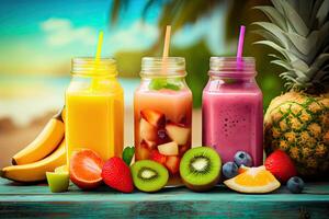 generativ ai Illustration von Smoothies und Säfte gemacht von ein Vielfalt von frisch Früchte von das Tropen. sauber Essen, ein gesund Diät, und Vitamin infundiert Getränke sind Konzepte, verschwommen Hintergrund foto