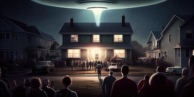 generativ ai Illustration von UFO schweben über Häuser und ein Menge von Menschen foto