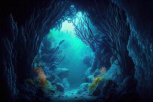 generativ ai Illustration von unter Wasser Welt beim das Tiefe von das Ozean. unter Wasser Schluchten und Tunnel, Organismen und Fisch. unter Wasser tief Welt, Meer Dunkelheit, Algen glühen, Blau Neon, Korallen. foto