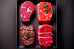 generativ ai Illustration von Vielfalt von roh Rindfleisch Fleisch Steaks zum Grillen mit Würze und Utensilien, sortiert roh Rindfleisch Fleisch, frisch roh Rindfleisch Steaks auf hölzern Tafel foto