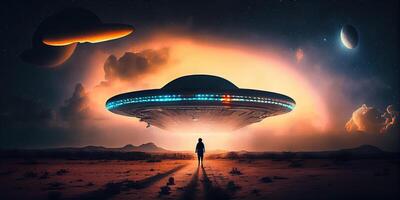 generativ ai Illustration von ein reflektieren auf das Bedeutung von Leben nach haben ein tiefgreifend Begegnung mit ein UFO foto