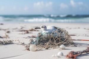 Vogel gefangen im ein Plastik Tasche. ai generiert foto