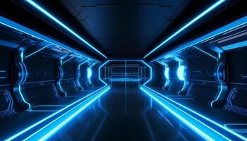 Blau Weiß LED Beleuchtung sci fi futuristisch modern Raumschiff dunkel Tunnel Gang. generativ ai foto