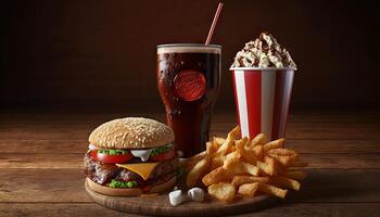 schnell Essen und ungesund Essen Konzept - - schließen oben von schnell Essen Snacks und Cola trinken auf hölzern Tisch. generativ ai foto