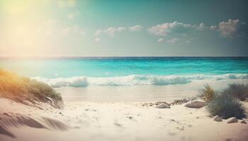 Sommer- Ferien Strand Hintergrund wie Sanft ätherisch verträumt Hintergrund. generativ ai foto