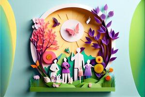 generativ ai Illustration von Origami Frühling Hintergrund, froh Alten, glücklich Familie mit Elternteil, bunt. Papier Schnitt Handwerk, 3d Papier Illustration Stil, Pop Farbe. neural Netzwerk generiert Kunst. foto