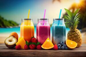 generativ ai Illustration von Smoothies und Säfte gemacht von ein Vielfalt von frisch Früchte von das Tropen. sauber Essen, ein gesund Diät, und Vitamin infundiert Getränke sind Konzepte, verschwommen Hintergrund foto