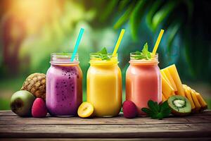 generativ ai Illustration von Smoothies und Säfte gemacht von ein Vielfalt von frisch Früchte von das Tropen. sauber Essen, ein gesund Diät, und Vitamin infundiert Getränke sind Konzepte, verschwommen Hintergrund foto