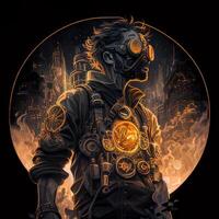 generativ ai Illustration von Cyberpunk Astronaut mit ein industriell Rauch, Mechaniker Detail auf Schultern, Verschmutzung, zentriert Innerhalb kompliziert Gold und Feuer Kreis von Stadt und Wolkenkratzer foto