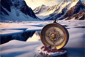 generativ ai Illustration von Winter Landschaft, gefroren Berg Flüsse und Pisten von Berge im das Schnee, uralt Antiquität Kompass im das Schnee foto