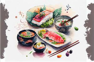 generativ ai Illustration von Knolling japanisch Küche Essen, Aquarell Farbe Stil, einstellen von asiatisch Essen foto