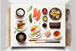 generativ ai Illustration von Knolling japanisch Küche Essen, Aquarell Farbe Stil, einstellen von asiatisch Essen foto