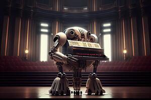 generativ ai Illustration von Roboter spielen das Klavier im ein großartig Konzert Halle foto