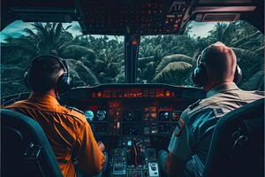 generativ ai Illustration von Flugzeug Flug Deck. das Piloten beim arbeiten. Aussicht von Flugzeug Cockpit foto