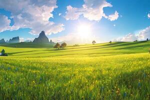 natürlich Landschaft von Grün Feld mit ai generiert. foto