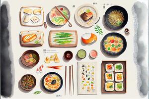 generativ ai Illustration von Knolling japanisch Küche Essen, Aquarell Farbe Stil, einstellen von asiatisch Essen foto