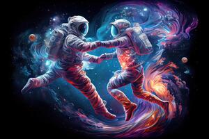 generativ ai Illustration von zwei Astronauten, gekleidet im Raumanzüge, sind schwebend im Null Schwere während Tanzen eng. das Hintergrund ist ein atemberaubend Aussicht von das Galaxis, mit Sterne und Nebel foto