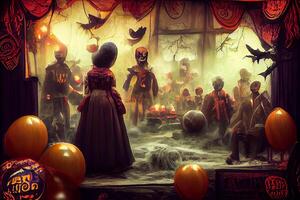 generativ ai Illustration von bunt Halloween Innen- Party, Kinder spielen auf Nacht Halloween Straße, gruselig Schloss, amerikanisch Gegend Hintergrund. digital generiert Bild. foto