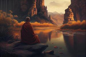 generativ ai Illustration von Buddhist Mönch im Meditation neben das Fluss mit schön Natur Hintergrund foto