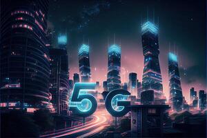 generativ ai Illustration von futuristisch Stadt beim Nacht, 5g Internet Netzwerk kabellos Systeme und Internet von Dinge, Clever Stadt und Kommunikation Netzwerk Konzept. foto